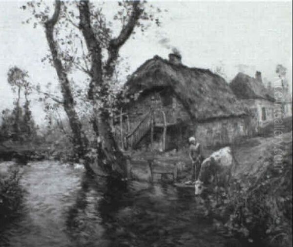 Milkmaid Watering Cow At The Village Stream Oil Painting by Frederick Charles Vipont Ede