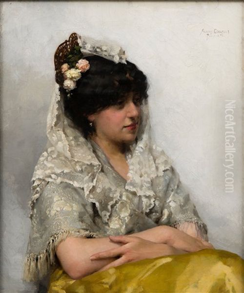 White Mantilla (la Senorita) Oil Painting by Albert Edelfelt