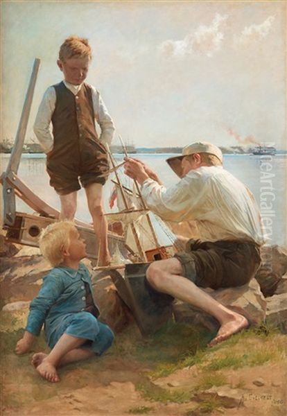 Shipbuilders Oil Painting by Albert Edelfelt