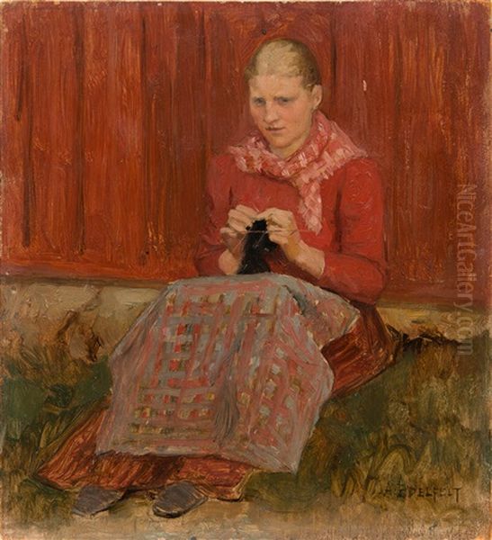 A Girl Knitting Oil Painting by Albert Edelfelt