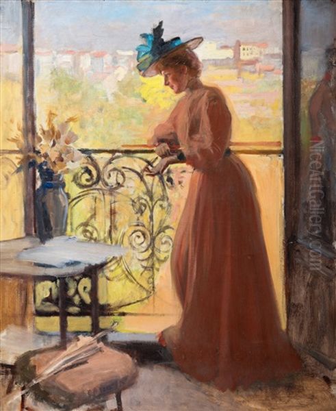 Lady On The Balcony, La Parisienne Oil Painting by Albert Edelfelt