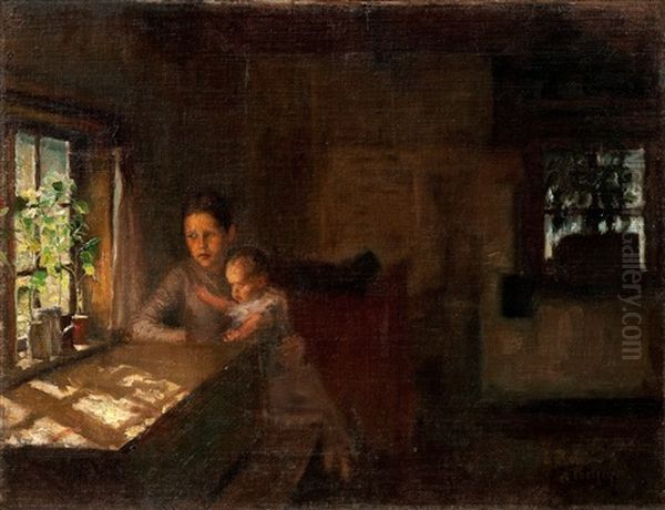 Interior Of A Crofter's Cottage (study) Oil Painting by Albert Edelfelt