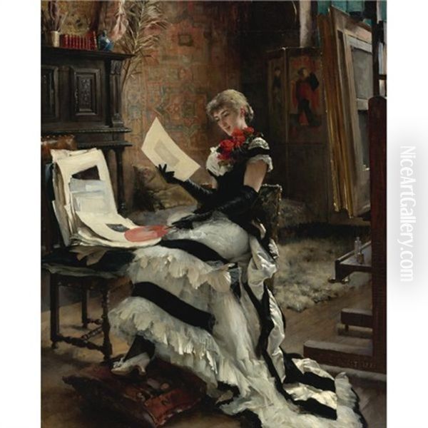 Chez L'artiste - Les Gravures Oil Painting by Albert Edelfelt