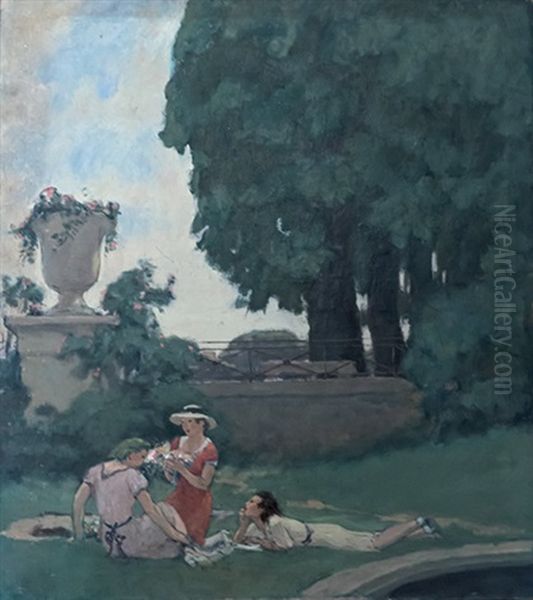 Trois Jeunes Filles Dans Un Parc Oil Painting by Charles-Auguste Edelmann