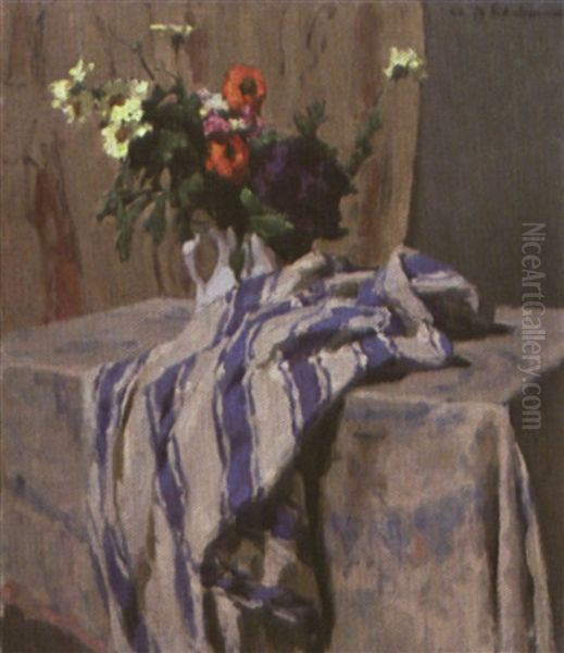 Fleurs Dans Un Vase Et Draperie Sur Un Entablement Oil Painting by Charles-Auguste Edelmann