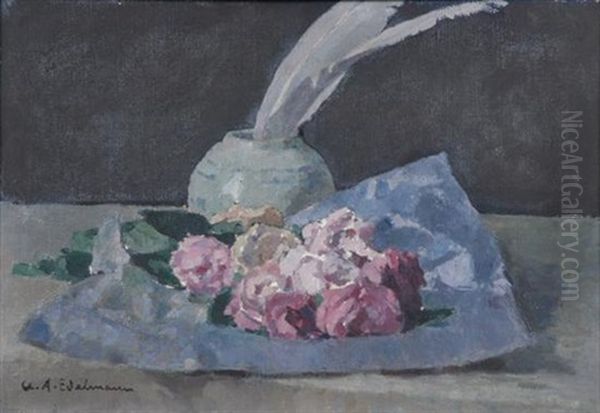 Still Life Of Roses And Feathers In Vase Oil Painting by Charles-Auguste Edelmann