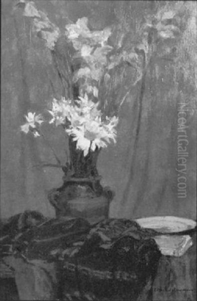 Bouquet De Fleurs Sur Table Oil Painting by Charles-Auguste Edelmann