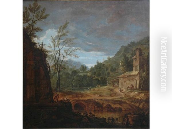 Figures And Buildings By A Bridge In An Italianate Landscape Oil Painting by Gerard Van Edema