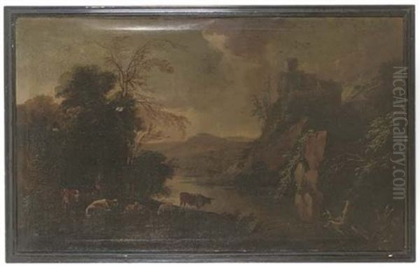 A Mountainous Wooded Landscape With A Shepherd And Sheep By A Lake In The Foreground Oil Painting by Gerard Van Edema