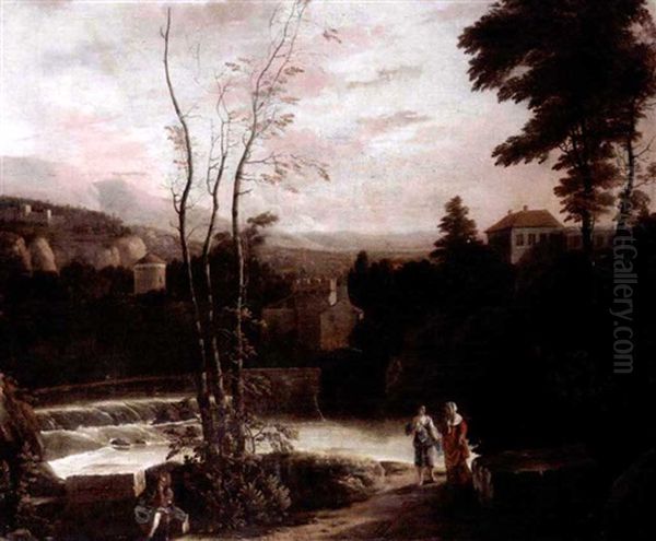 An Extensive Italianate Landscape With Two Women Walking On A Path And A Fisherman Resting On A Stone In The Foreground Oil Painting by Gerard Van Edema