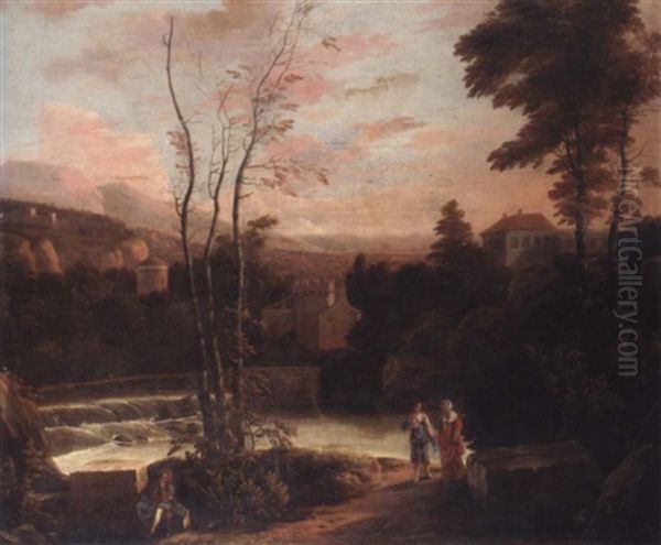 An Extensive Italianate Landscape With Two Women Walking On A Path And A Fisherman Resting On A Stone In The Foreground Oil Painting by Gerard Van Edema