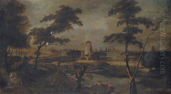 A Distant View Of Amsterdam With Peasants In A Ferry In The Foreground Oil Painting by Gerard Van Edema