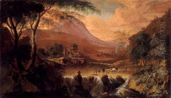 Gebirgslandschaft Mit Einem Dorf An Einem Wasserfall Und Figuren Oil Painting by Gerard Van Edema