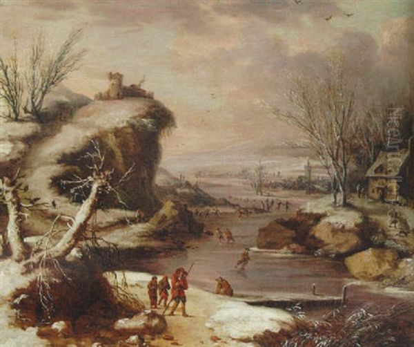 A Winter Landscape With Skaters On A Frozen River Oil Painting by Gerard Van Edema