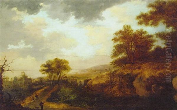 An Extensive Landscape With Travellers On A Track By A Stream And A Castle Ruin Oil Painting by Gerard Van Edema