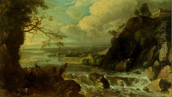 An Extensive River Landscape With Peasants On A Track By A Waterfall, A Town Beyond by Gerard Van Edema