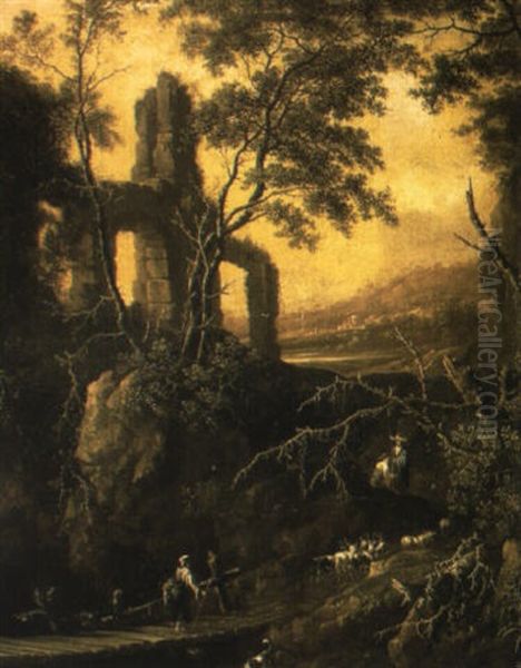 A Rocky Landscape With A Peasant Crossing A Bridge Near A Classical Ruin Oil Painting by Gerard Van Edema