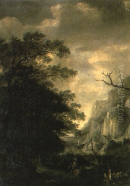 A Mountainous Landscape With A Horseman On A Wooded Path Oil Painting by Gerard Van Edema