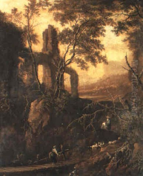 Rocky Landscape With Classical Ruins Oil Painting by Gerard Van Edema