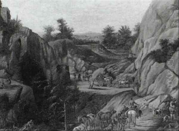 A Drover, His Livestock And Mounted Companion Travelling    Along A Mountain Path On Which A Horsedrawn Waggon Ascends Oil Painting by Gerard Van Edema