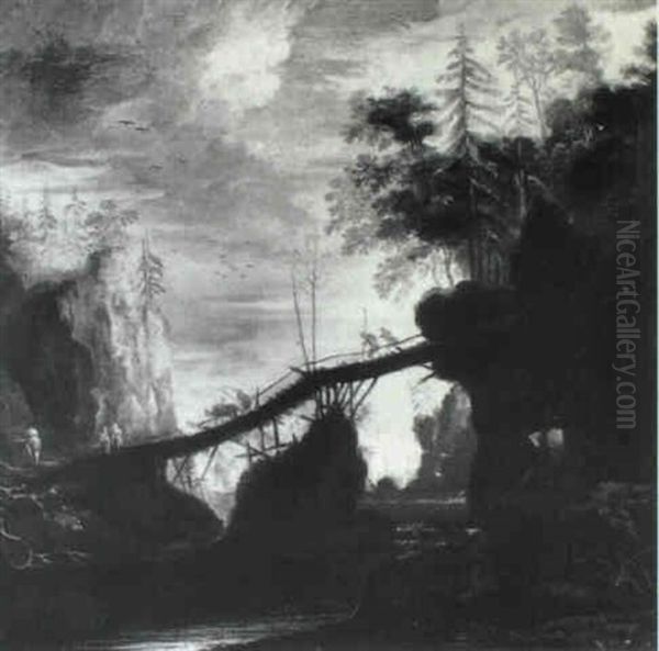 Rocky Wooded River Landscape With Travellers Crossing A Footbridge Oil Painting by Gerard Van Edema