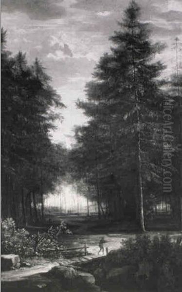 A Forest Clearing With A Woodman Crossing A Bridge Oil Painting by Gerard Van Edema