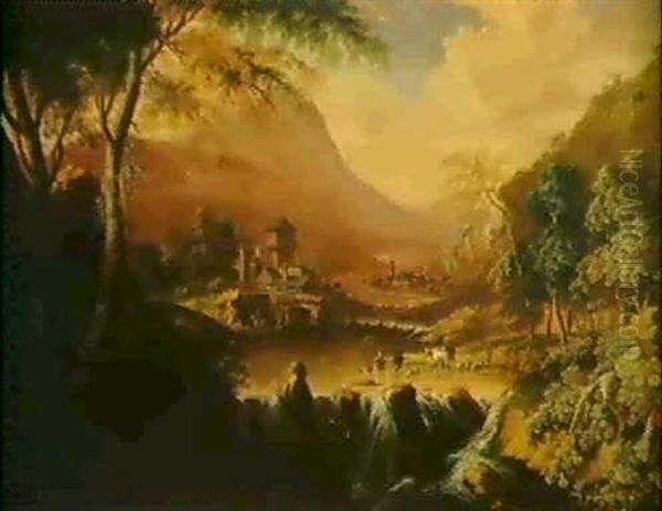 Gebirgslandschaft Mit Einem Dorf An Einem Wasserfall Und    Figuren Oil Painting by Gerard Van Edema