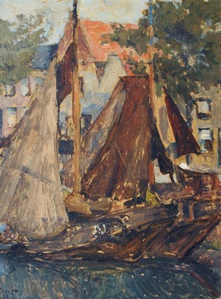 Sailing Boat In A Small Harbour Oil Painting by Henning Edens