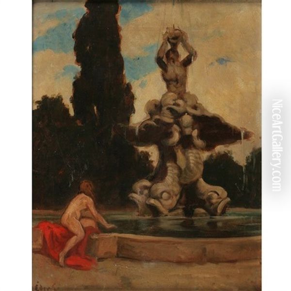 Nude Reclining At A Fountain Oil Painting by Gyula Eder