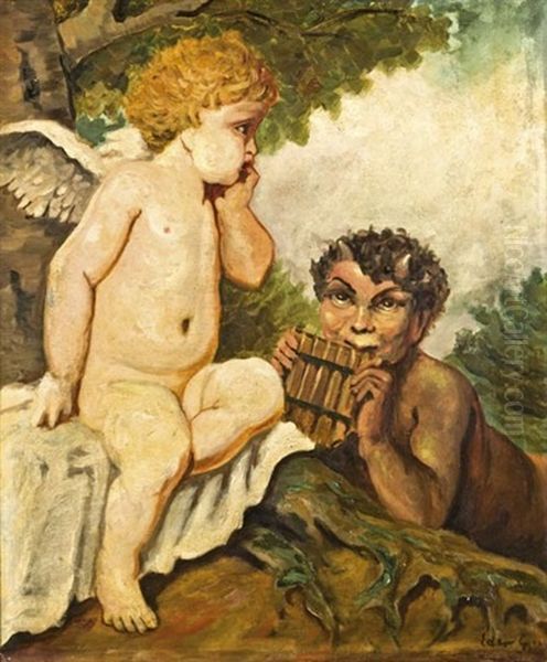 Putto Es Faun Oil Painting by Gyula Eder