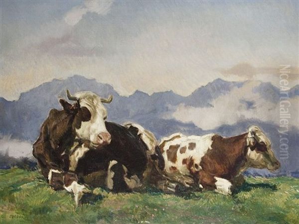 Liegende Kuhe Auf Der Alm Oil Painting by Carl Ederer