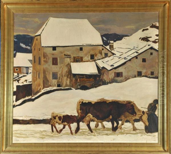 Bauerin Mit Kalb Und Kuhen In Verschneitem Bergdorf Oil Painting by Carl Ederer