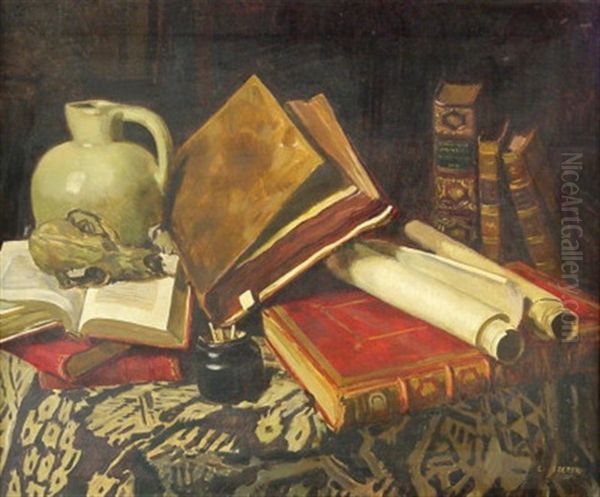 Stilleben Mit Zahlreichen Buchern, Einem Tonkrug Und Einem Tierschadel Auf Einem Tisch Oil Painting by Carl Ederer