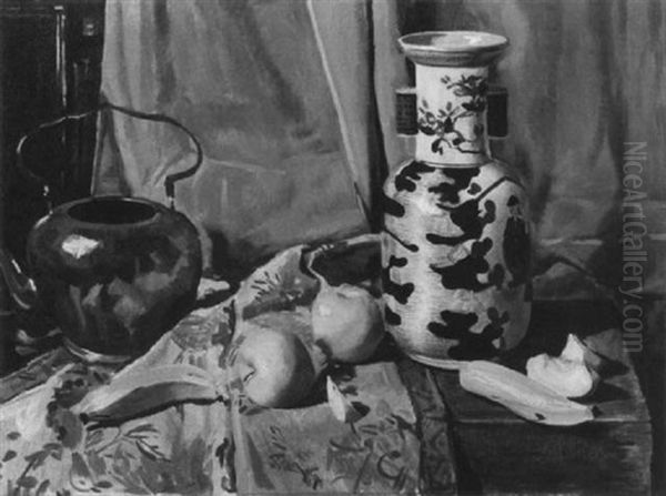 Obststilleben Mit Porzellanvase Und Messingkanne Oil Painting by Carl Ederer