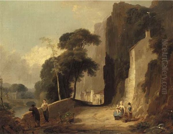 Figures On A Riverside Path In A Gorge Oil Painting by Robert Edmonstone