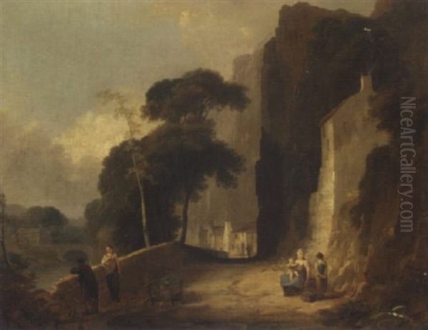 Figures On A Riverside Path In A Gorge Oil Painting by Robert Edmonstone