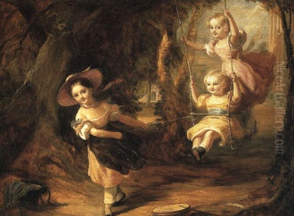 Leoold Cust, On Swing, With Two Sisters Oil Painting by Robert Edmonstone