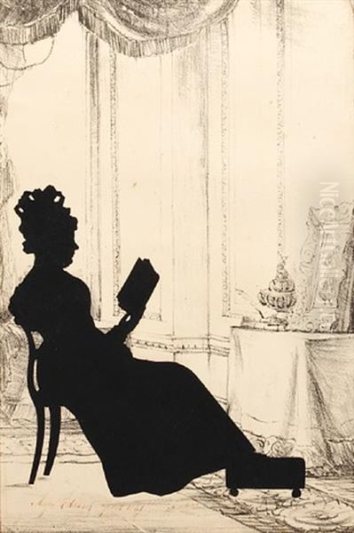 A Silhouette Of A Seated Lady, Full-length, Wearing Dress And Bonnet, Reading A Book Oil Painting by Augustin Amant Constant Fidele Edouart