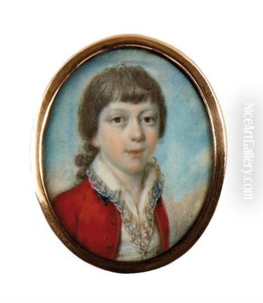 Portrait D'un Jeune Garcon En Habit Rouge Et Chemise Entrouverte Bordee De Dentelle Blanche Oil Painting by Henry Edridge