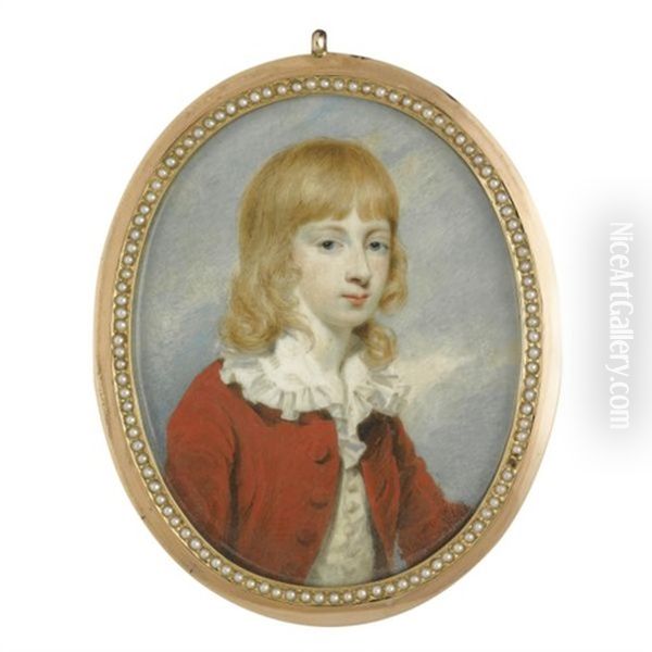 Portrait Of A Young Boy Wearing A Red Coat, Pale Yellow Waistcoat And White Chemise Oil Painting by Henry Edridge