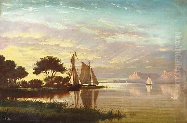 Luminous Sunset With Sailboats Oil Painting by Fortunato Arriola