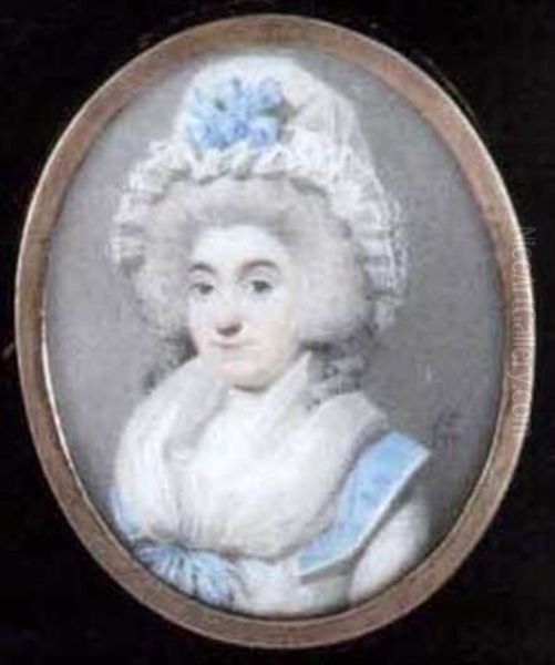 A Young Lady In White Dress With Blue Collar And Striped Ribbon At Corsage, White Fichu And A White Bonent With Blue Ribbon On Her Powdered Hair Oil Painting by Henry Edridge