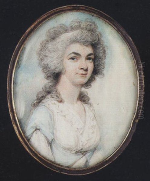 A Lady Wearing Pale Blue Dress With Spotted White Underslip And Frilled Fichu, A White Bandeau In Her Powdered Hair Oil Painting by Henry Edridge