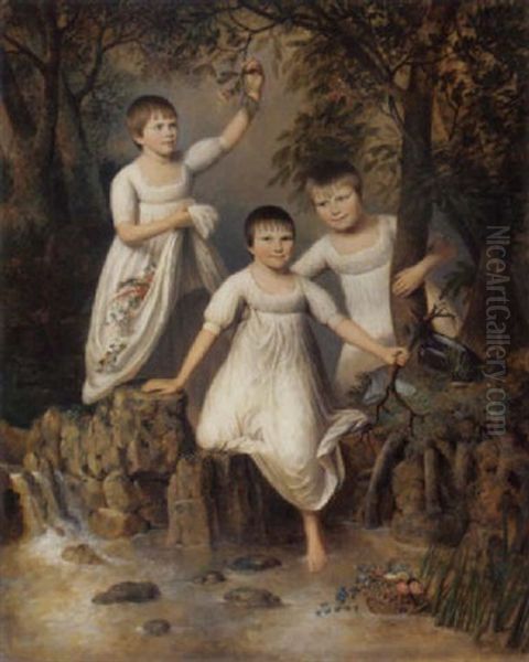 Portrait Of Three Boys In White Smocks, By A Wooded Pool Oil Painting by Henry Edridge