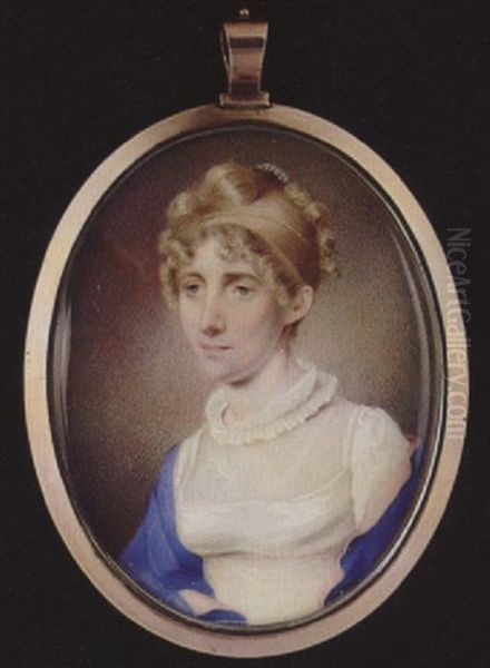 A Lady, Her Blonde Hair Upswept In Curls And With Pearl Comb, Wearing White Dress With Double Ruff Collar And Pink Edged Blue Shawl Oil Painting by Henry Edridge