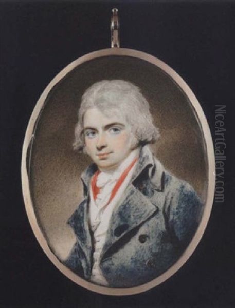 Portrait Of A Young Gentleman With Short Powdered Hair, Wearing Blue-green Coat, White Waistcoat, Red Scarf And Tied White Cravat Oil Painting by Henry Edridge