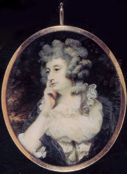 Mrs. Jane Braddyll, In White Dress With Frilled Collar, Black Shawl, A Pearl Bracelet On Her Wrist, Coral Earrings Oil Painting by Henry Edridge