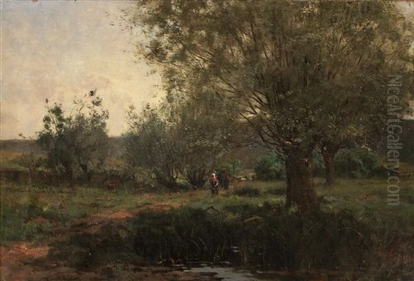 Figures In A Wooded Landscape Oil Painting by Aaron Allan Edson