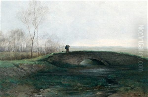 Figure Crossing A Bridge Oil Painting by Aaron Allan Edson