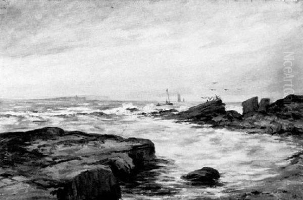 Rocky Coastal Scene With View Of Sailboats Oil Painting by Abert Sanderson Edward